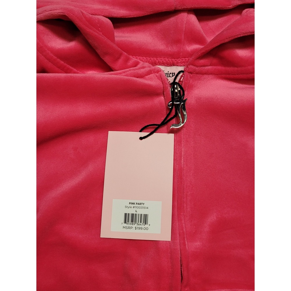 Juicy Couture Pink Party Velour Tracksuit Set Hoodie Pants Rhinestone Logo L NEW - Picture 4 of 5